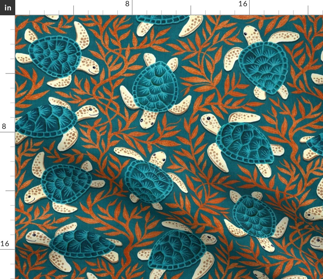 Dark Teal Blue and Cream Turtles With Burnt Orange Seaweed Medium Print