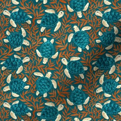 Dark Teal Blue and Cream Turtles With Burnt Orange Seaweed Small Print