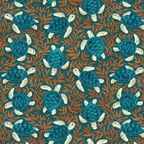 Dark Teal Blue and Cream Turtles With Burnt Orange Seaweed Small Print