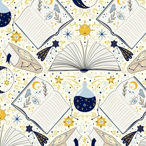 (L) Magical celestial books yellow white with book, stars, moon, and magic potion, bright academia