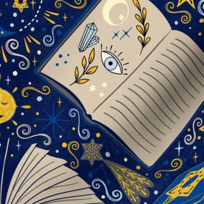 (L) Magical celestial books dark blue with book, stars, moon, and magic potion, dark academia 