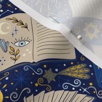 (M) Magical celestial books dark blue with book, stars, moon, and magic potion, dark academia 