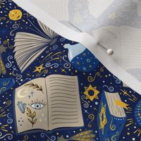 (S) Magical celestial books dark blue with book, stars, moon, and magic potion, dark academia 