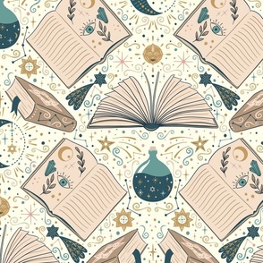 (L) Magical celestial books beige off white with book, stars, moon, and magic potion, bright academia