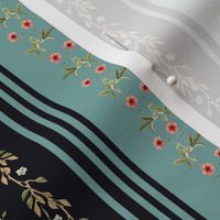 Exquisite Marie Antoinette Inspired Nostalgic Flower Bunches Garden: Antique Floral Stripes, Springflowers, Vintage Wallpaper Sepia Teal And Black
