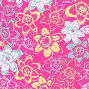 Cotton Candy Floral  Summer Blooms - Fuchsia Pink/Lemon/Mint Green - 15 inch