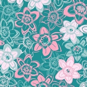 Cotton Candy Floral  Summer Blooms - Peony Pink/Jade Green/Mint - 15 inch