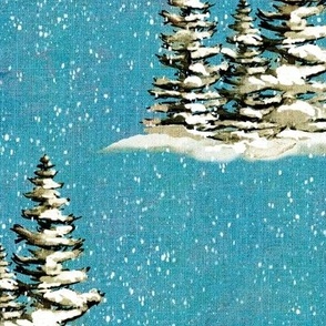 12” repeat hand drawn fir trees with snow on faux woven texture,  snow scene on dusky cerulean blue background