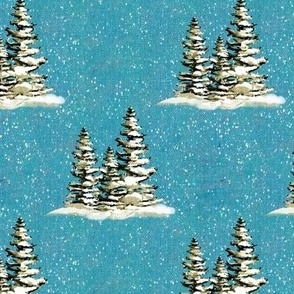 6” repeat hand drawn fir trees with snow on faux woven texture,  snow scene on dusky grey background