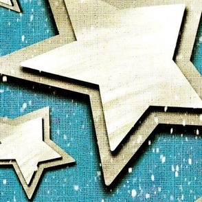 Large 24” repeat 3D layered gold silver stars with faux woven texture on cerulean blue background with snow