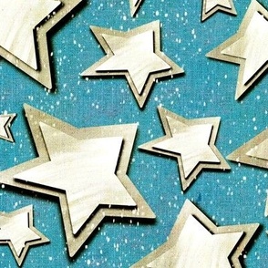 Medium 12” repeat 3D layered gold silver stars with faux woven texture on cerulean blue background with snow