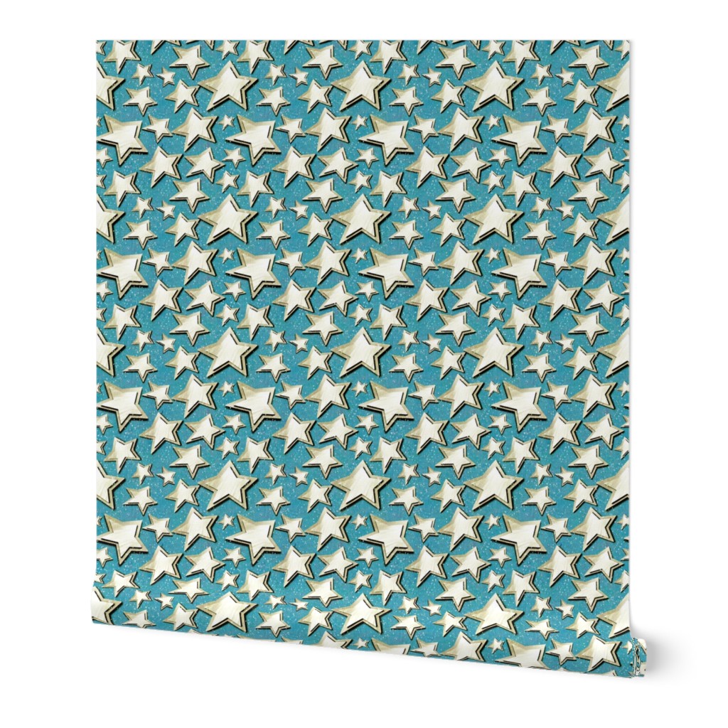 Small 6” repeat 3D layered gold silver stars with faux woven texture on cerulean blue background with snow