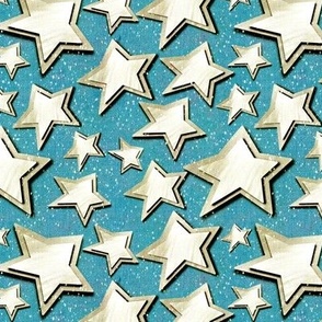 Small 6” repeat 3D layered gold silver stars with faux woven texture on cerulean blue background with snow