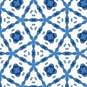 Blue and White Abstract with Flower and Stars Pattern Design