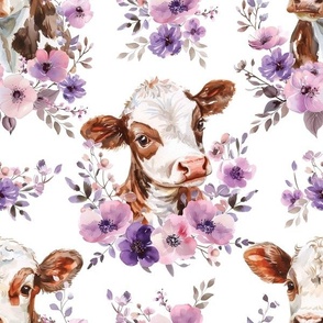 cow with watercolor floral wreath, cow print, cow wallpaper WB24