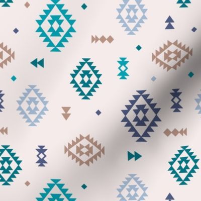 Colorful Aztec Abstract Plaid design - Moroccan kelim style textile rug design gray beige teal blue on sand