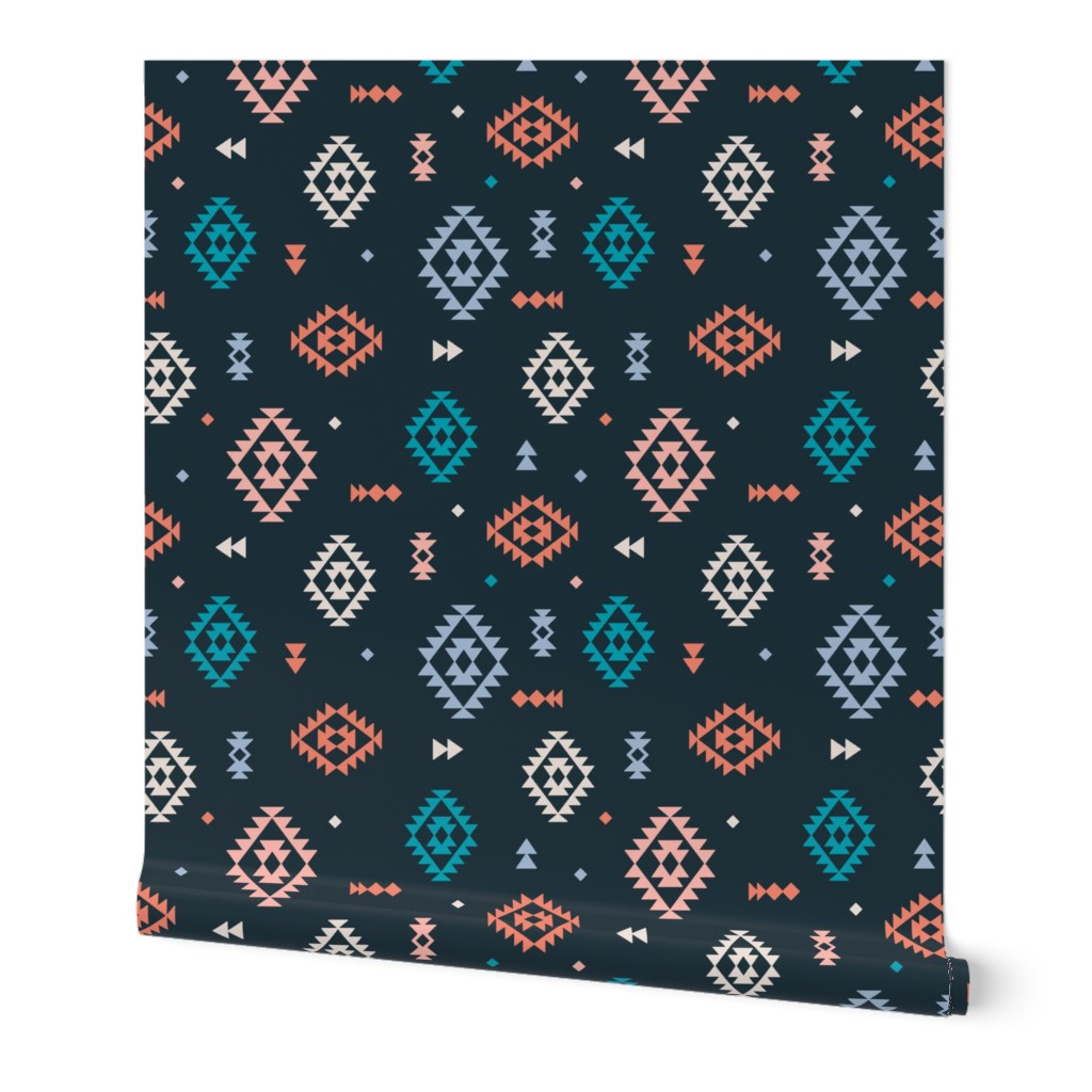 Colorful Aztec Abstract Plaid design - Moroccan kelim style textile rug design gray blue orange on navy