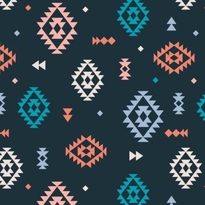 Colorful Aztec Abstract Plaid design - Moroccan kelim style textile rug design gray blue orange on navy