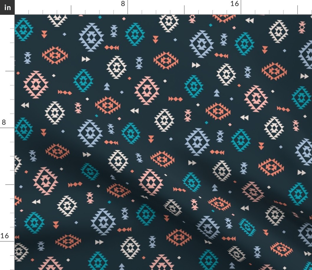 Colorful Aztec Abstract Plaid design - Moroccan kelim style textile rug design gray blue orange on navy