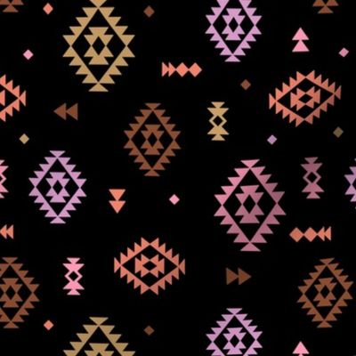 Colorful Aztec Abstract Plaid design - Moroccan kelim style textile rug design coral orange lilac brown on black