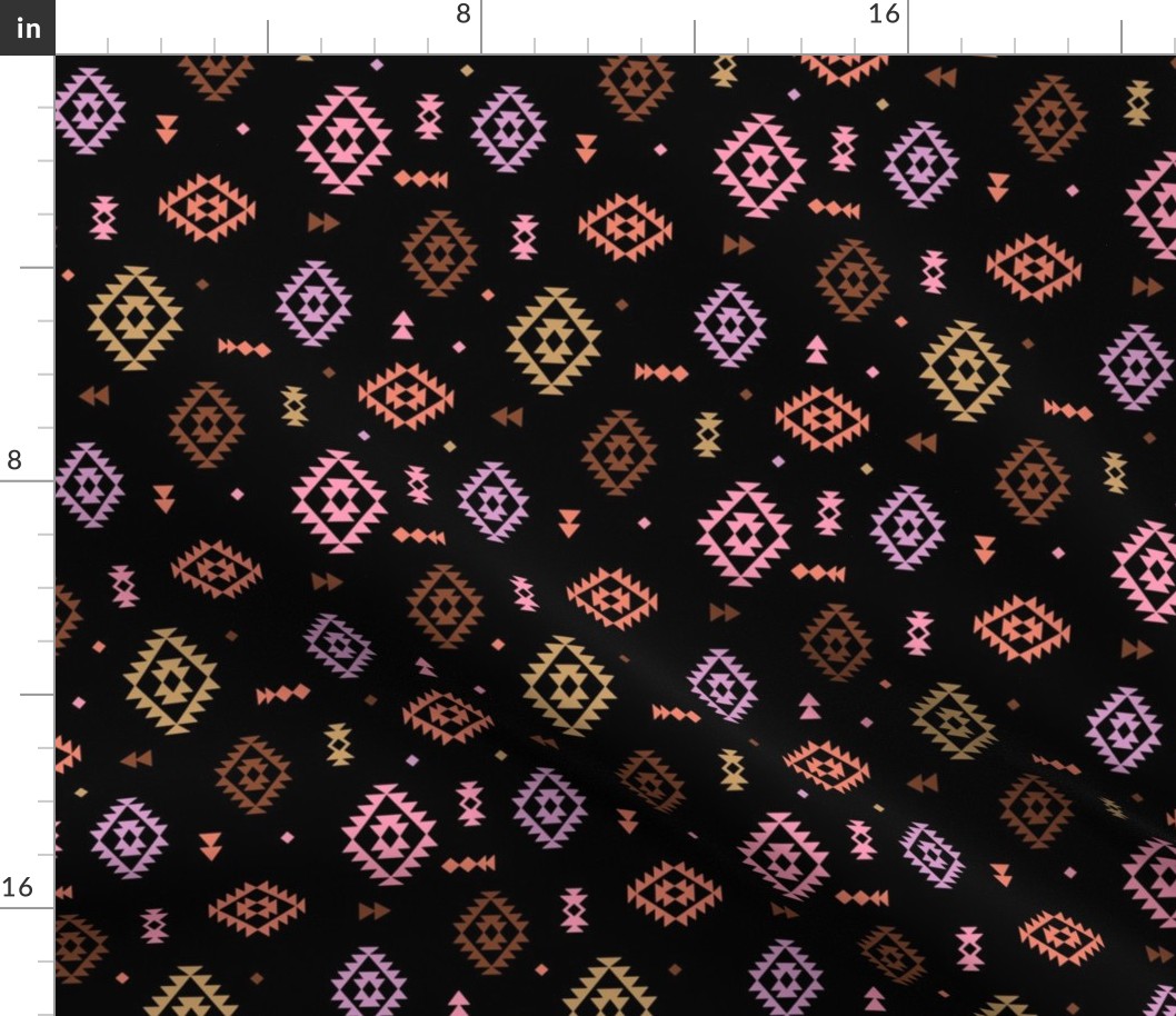 Colorful Aztec Abstract Plaid design - Moroccan kelim style textile rug design coral orange lilac brown on black