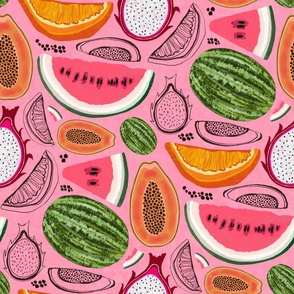 Tropical Fruit Medley with Textured Background: Watermelon Water Pink 