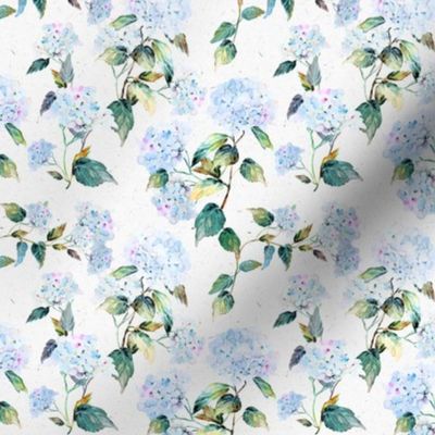 Ditsy Blue Hydrangea Branches / Green Leaves / Soft Wallpaper