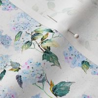 Ditsy Blue Hydrangea Branches / Green Leaves / Soft Wallpaper