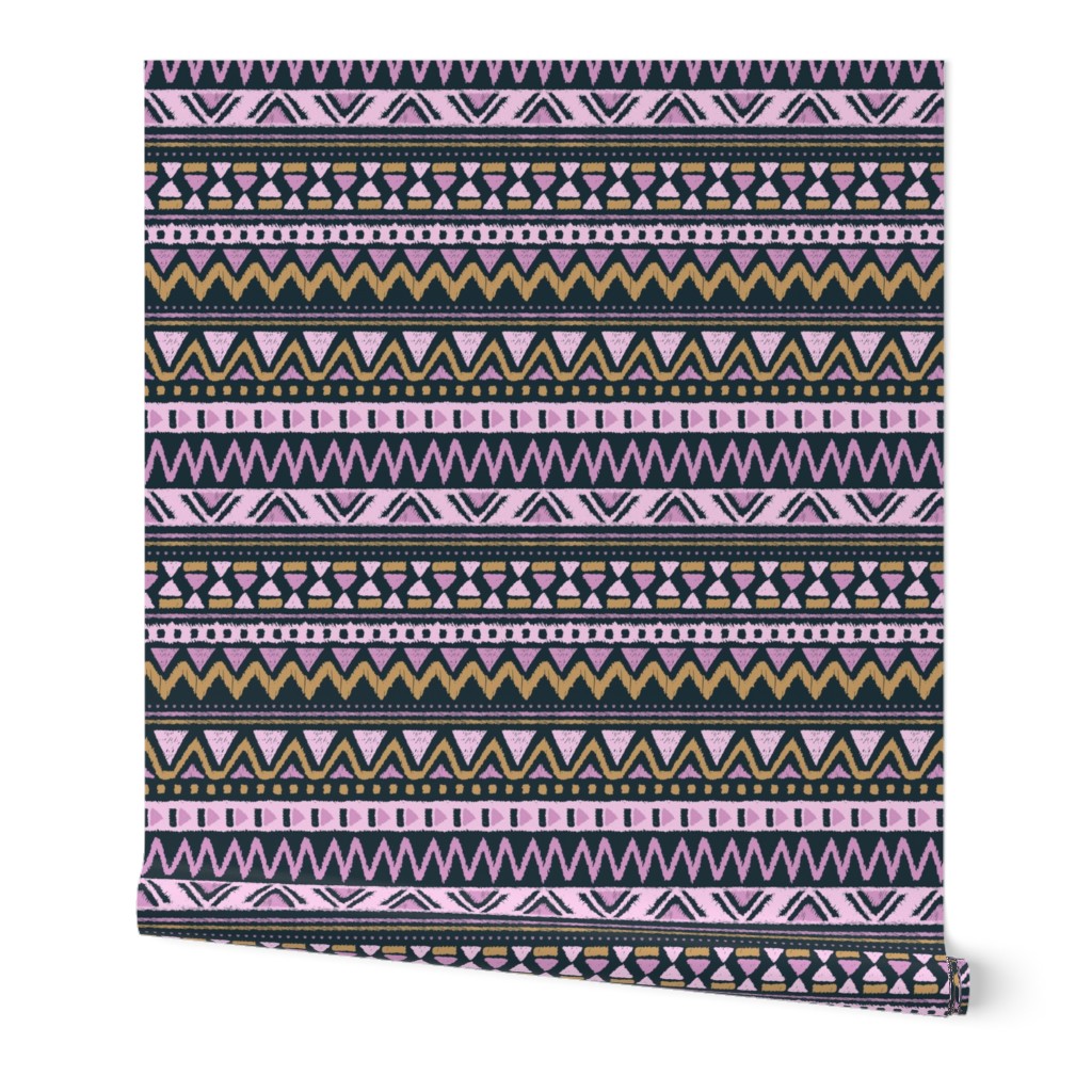 Aztec folklore indian pattern girls summer palette pink lilac mustard on navy blue