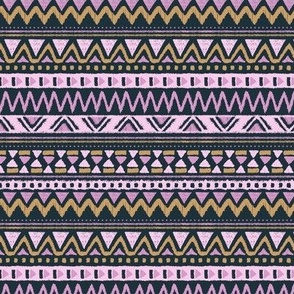 Aztec folklore indian pattern girls summer palette pink lilac mustard on navy blue