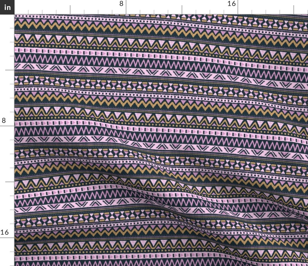 Aztec folklore indian pattern girls summer palette pink lilac mustard on navy blue