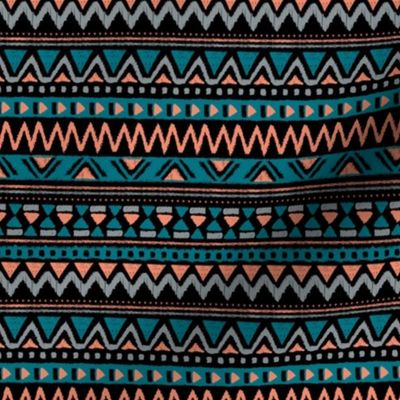 Aztec folklore indian pattern neutral fall palette teal blue orange on black
