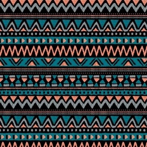 Aztec folklore indian pattern neutral fall palette teal blue orange on black