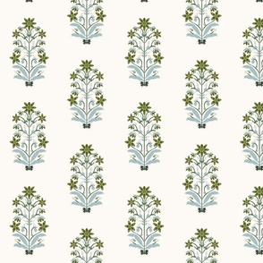 Olive green spa blue on cream mughal flower