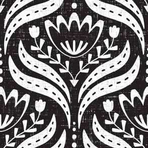 (L) Textured Scandi Florals in white on black background 