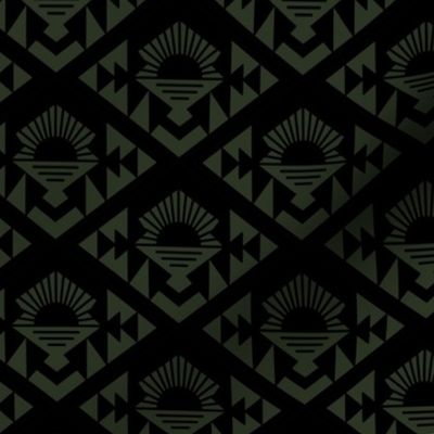 Geometric aztec sunshine - boho design plaid black on deep olive green 