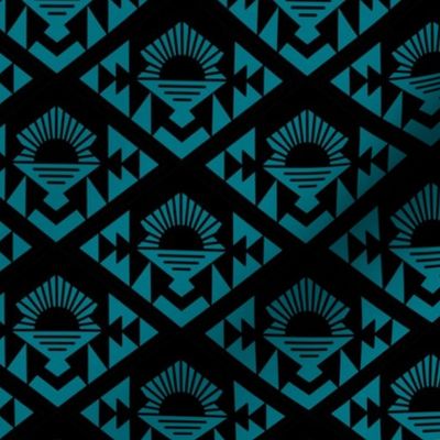 Geometric aztec sunshine - boho design plaid black on teal blue