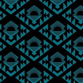 Geometric aztec sunshine - boho design plaid black on teal blue