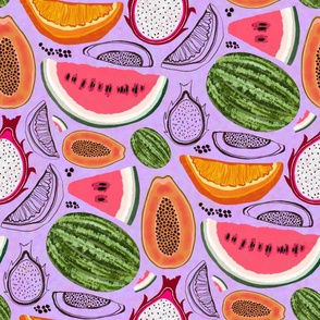 Tropical Fruit Medley with Textured Background: Cool Lilac