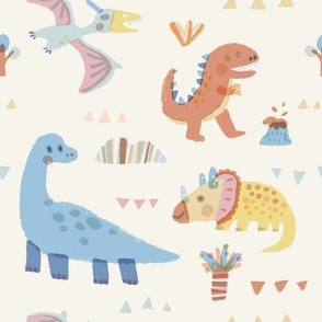 Colourful dinosaur- beige (big pattern)