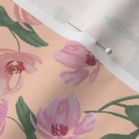 Tossed elegant and delicate flowers in shades of pink on a peach background - large