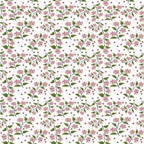 Pink Flower Sprigs on White with  Dots