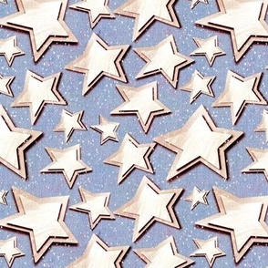 Small 6” repeat 3D layered gold silver stars with faux woven texture on dusky violet lavender background with snow