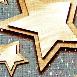 Large 24” repeat 3D layered gold silver stars with faux woven texture on dusky grey  background with snow