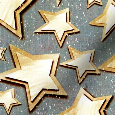 Medium 12” repeat 3D layered gold silver stars with faux woven texture on dusky grey  background with snow