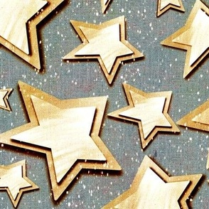 Medium 12” repeat 3D layered gold silver stars with faux woven texture on dusky grey  background with snow