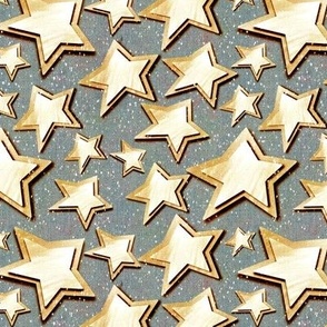 Small 6” repeat 3D layered gold silver stars with faux woven texture on dusky grey  background with snow