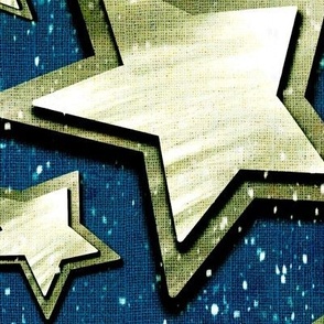 Large 24” repeat 3D layered gold silver stars with faux woven texture on dark blue nighttime  background with snow