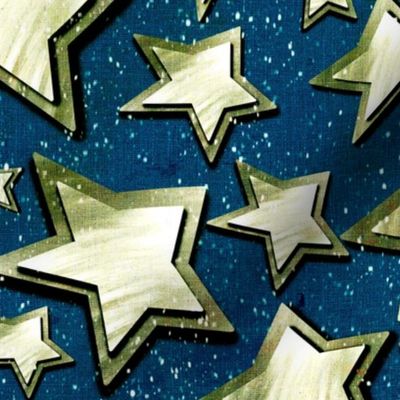 Medium 12” repeat 3D layered gold silver stars with faux woven texture on dark blue nighttime  background with snow