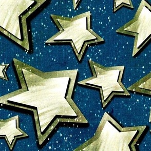 Medium 12” repeat 3D layered gold silver stars with faux woven texture on dark blue nighttime  background with snow